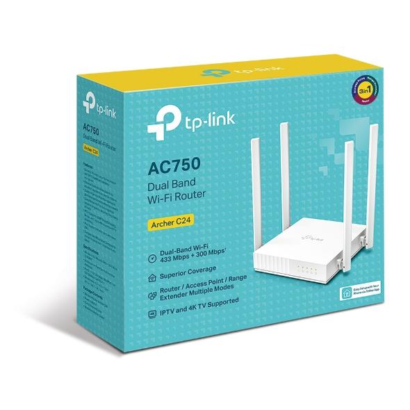 TP-LINK Archer C24 AC750 Dual-Band Wi-Fi Router with four antennas and compact design.